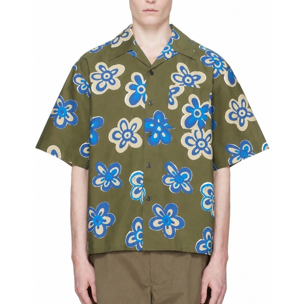 Marni Uniqlo Oversize Floral Camp Collar Short Sleeve Shirt Men L Green Cotton